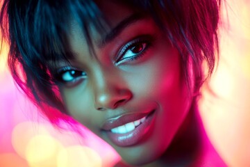 Obraz premium Short coiffure - highlighted hair. Pretty smiling black girl - for ads, billboard and social online ad banner use. Commercial marketing concept. African american concept. Bold black woman.