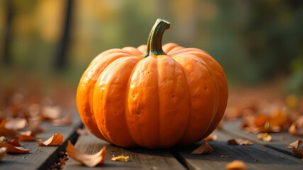 pumpkin and autumn leaves on wooden table