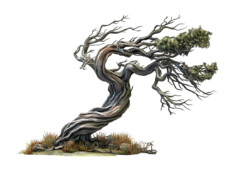 Isolated Old Twisted Tree with Sparse Greenery Against a Transparent Background