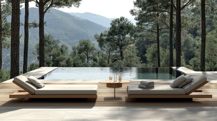 Serene pool scene with loungers overlooking mountains and lush green trees