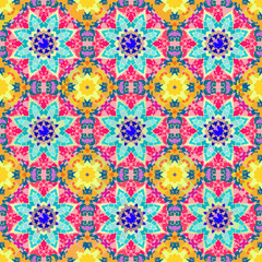 Seamless mosaic pattern with bright flowers mandalas for fabric, ceramic tiles.