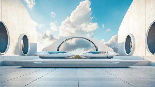 A futuristic hyperloop station with sleek, high-speed capsules docking, ultra-modern transit hub with automated gates