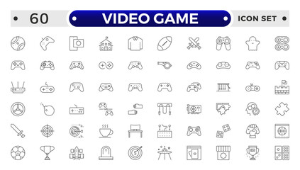 Set of line icons related to video games, gaming, technology, gadget, esport.