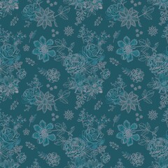 Transformative teal seamless floral pattern. Romantic natural print for fabric. Fashion color 2026.