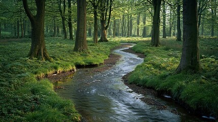 Obraz premium Serene stream winds through a lush, green forest under dappled sunlight