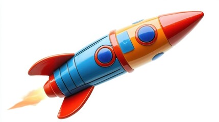 Fototapeta premium A colorful toy rocket blasting off into the imaginary sky above