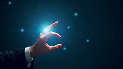 Hand using holographic device for digital literacy resources with empty space background concept as A hand operating a holographic device to access various digital literacy resources emphasizing avail