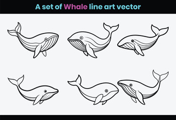 A set of Whales animal line art vector for t - shirt design.