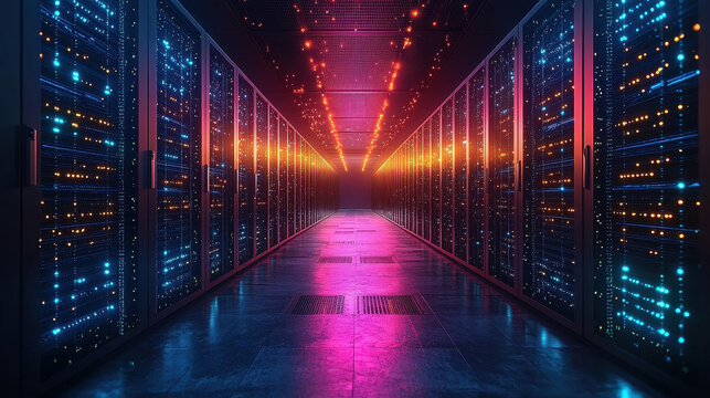 Massive quantum server farm showcasing futuristic data streams and glowing connections in a high-tech environment