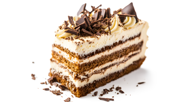 A slice of cake with chocolate chips on top