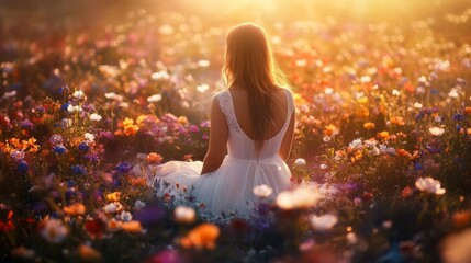 A beautiful woman in a white dress sitting in a flower field, surrounded by colorful flowers, with golden hour lighting, a cinematic shot, wide angle, epic, dreamy, and ethereal.