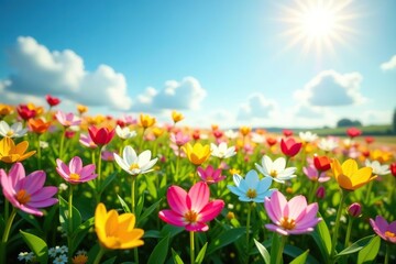 Fototapeta premium Colorful flowers blooming in a vibrant field under the bright sun, field, landscape