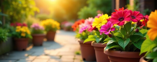 Colorful flowers blooming in pots under the warm sunlight in a vibrant outdoor garden setting,  bright,  nature