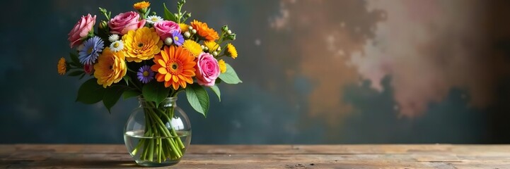 Fototapeta premium Colorful flowers in an elegant glass vase on a wooden table, vibrant arrangement, vase, bouquet