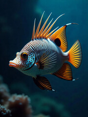 Fototapeta premium A colorful fish with white and black stripes, orange fins and a long snout swimming in the deep ocean with coral in the background
