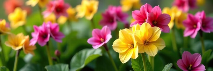 Fototapeta premium Colorful fresh spring primula flowers blooming in vibrant hues of pink, yellow, and purple among lush green leaves, green, flowers