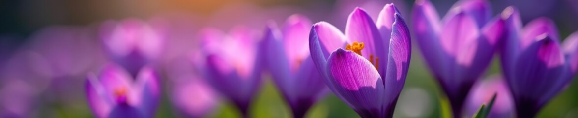 Fototapeta premium Close up of purple crocus flowers with orange pistil and stamens in Arlington, Massachusetts, nature, flora