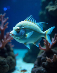 A white fish with yellow fins in a blue ocean with corals, dark rocks and a blurry background