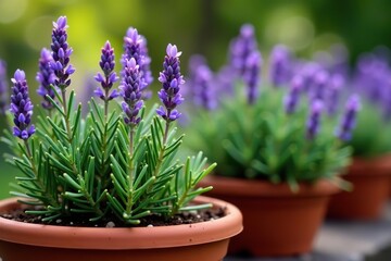 Fototapeta premium Close-up of rosemary plants with purple flowers in terracotta pots, growth, terracotta pots