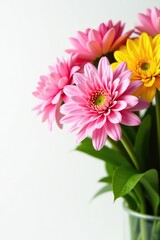 Close-up shot of vibrant pink and yellow flowers bouquet on white background,  flowers,  spring
