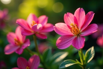 Fototapeta premium Closeup shot of vibrant pink flowers set against a lush garden backdrop, closeup, bloom