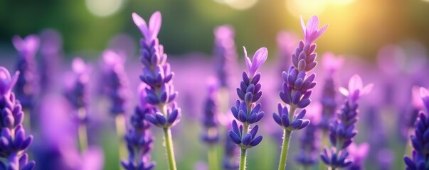 Obraz premium Close-up shot of vibrant purple lavender flowers blooming in a field, with delicate petals and a soft blur background, daylight, freshness