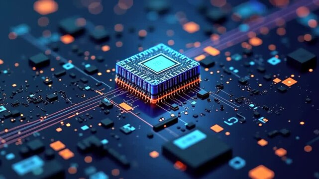 Microchip close-up with beautiful light. Electronic chip, teacher close-up in good light. Generative 4k video