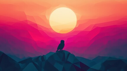 Sunset Owl Silhouette with Low Poly Mountain Landscape.