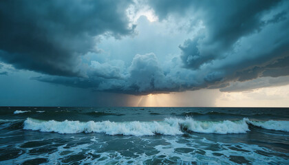 Ominous storm clouds over rough sea at dusk, nature's fury