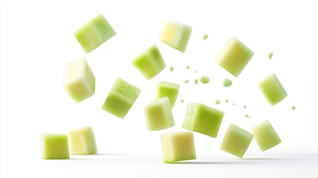 Diced melon cubes suspended in mid air against a white backdrop