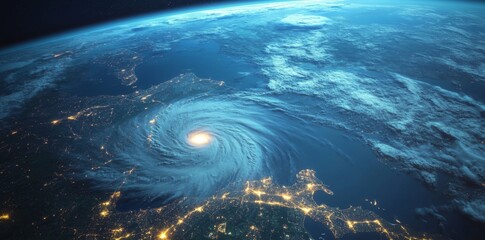 A massive hurricane on the surface of Earth, seen from space with dark storm clouds and swirling winds against a black background