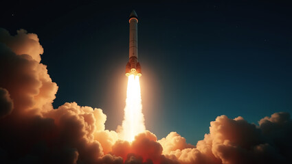 Rocket taking off into the sky. Rocket launch at the space station