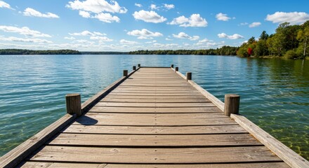 Fototapeta premium Tranquil wooden dock extending into serene lake under blue sky 