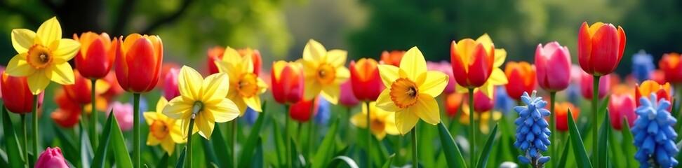 Fototapeta premium Colorful mix of tulips, daffodils, and hyacinths in full bloom among lush greenery in a vibrant spring garden, flowers, spring