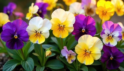 Colorful pansies in full bloom, showing vibrant petals in shades of purple, yellow, and white, creating a cheerful and eye-catching display,  white,  cheerful