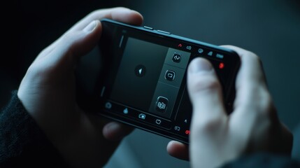 A person adjusting the camera settings on a smartphone, visible screen and buttons, clean background