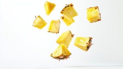Naklejka premium Cubed Fresh Pineapple Pieces Floating Against A White Background