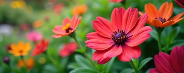 Obraz premium Close-up of vibrant blooming flowers in a lush garden, nature, petals