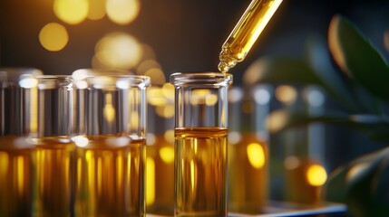 A laboratory scene with test tubes filled with yellow liquid and a digital scale, illuminated by bright light.