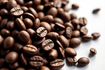 Fototapeta premium Close up view of freshly roasted coffee beans in varying shades of brown and black, caffeine, dark