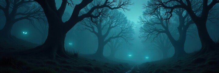 Dark and eerie Halloween forest with gnarled trees, fog, and glowing eyes in the shadows,  moon,  scary