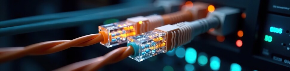 Close-up view of intricate fiber optic network cables conveying data quickly and reliably,  fast,  connectivity