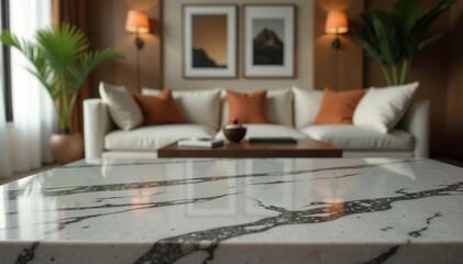 Close up of a luxurious marble table with a blurred living room background,  decor,  table