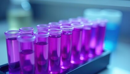 Close-up view of neatly arranged purple test tubes in a laboratory setting,  analysis,  science