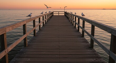 Fototapeta premium Pier at Sunset with Seagulls Over Calm Water 