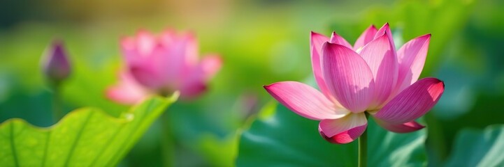Fototapeta premium Closeup view of vibrant blooming lotus flowers and pods against a bright background, meditation, vibrant