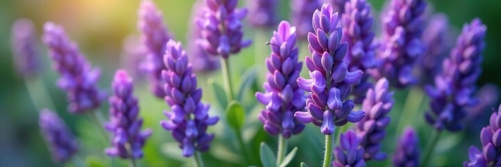Obraz premium Close-up view of vibrant lavender flowers with green leaves, lavender, outdoor