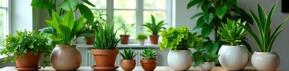 Fototapeta premium Different organic indoor plants in living room with decorations on the table Home garden, green industrial interior, urban jungle, houseplants, green concept, magazine, organic, decorations
