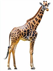 Fototapeta premium Giraffe with brown & black spots, long neck, against a clean white background