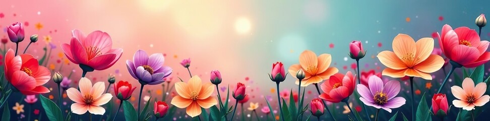 Fototapeta premium Colorful spring flowers blooming in a vibrant abstract background, garden, abstract